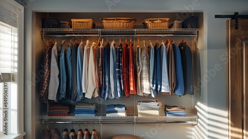 Open closet with neatly arranged clothes and morning light, offering a fresh and organized start to the day with significant space for text