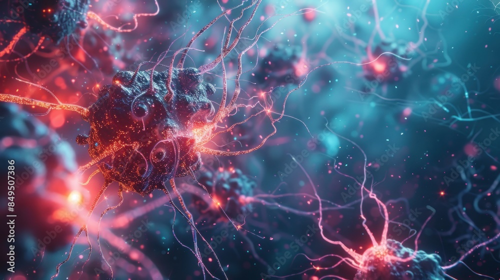 Futuristic Neuron Cell in Robotics style with glowing red light. generative AI image Futuristic Neuron Cell in Robotics style with glowing red light. generative AI image