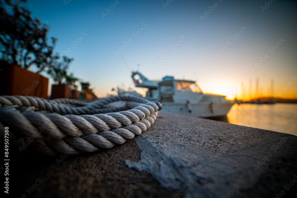 Obraz premium Close up view of a rope by the sea in a harbor