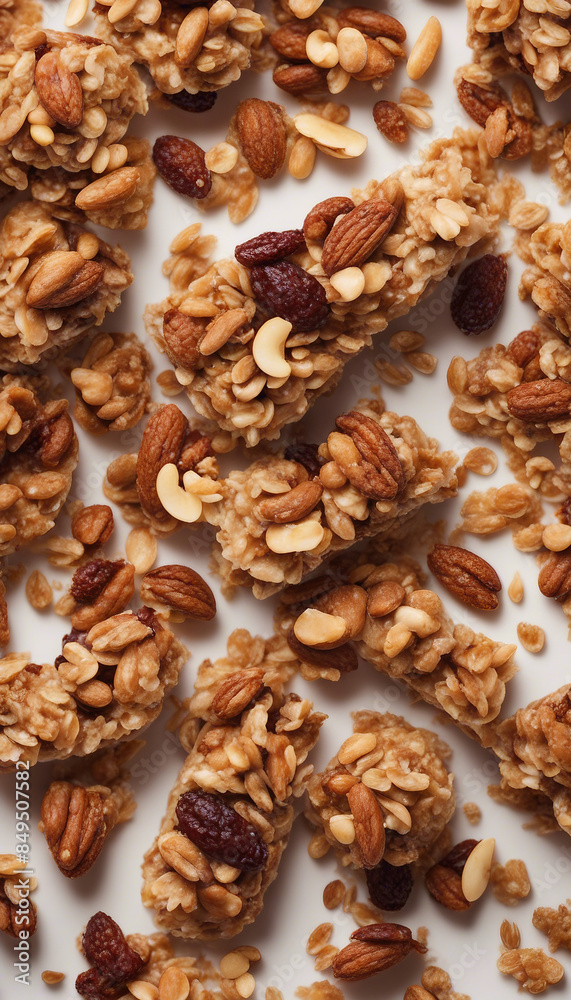 Crunchy granola muesli pile with nuts isolated on white background top view Crunchy granola muesli pile with nuts isolated on white background top view