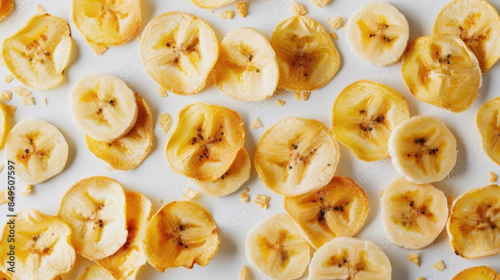 Banana chips displayed on a white backdrop Banana chips displayed on a white backdrop