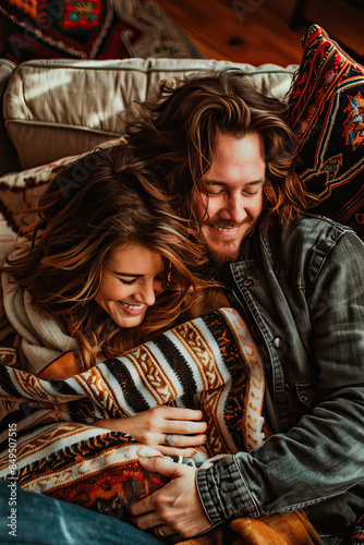 Young attractive couple hugging on the sofa at home covered with a blanket