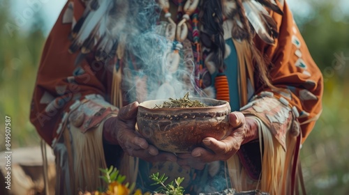 Native American healer in traditional regalia, performing a healing ritual with herbs and natural elements in a community setting, emphasizing holistic health practices