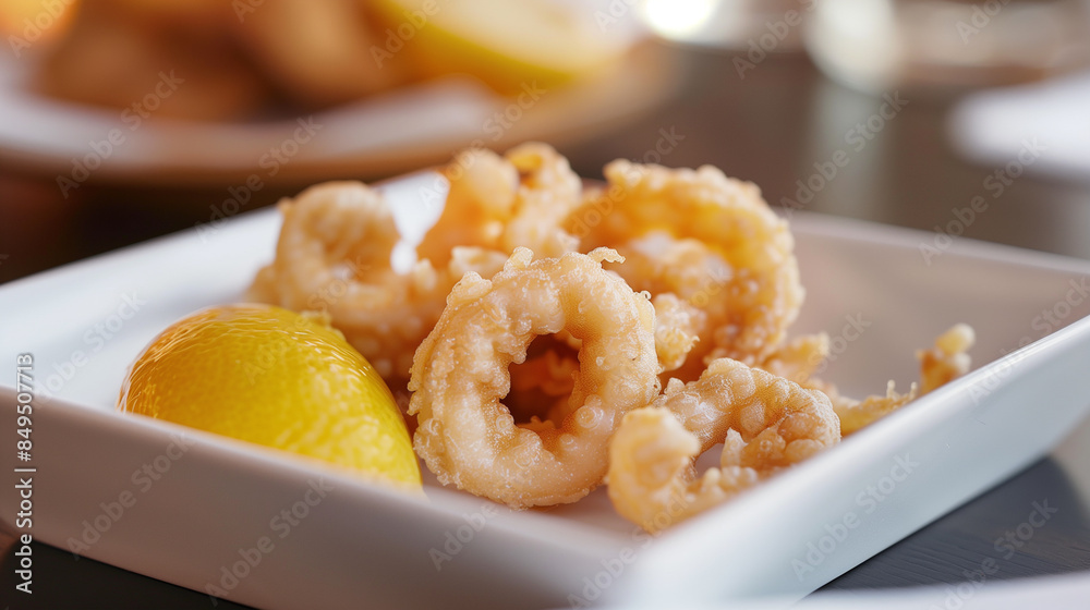 Fried Calamari with Lemon Wedge in White Dish Fried Calamari with Lemon Wedge in White Dish