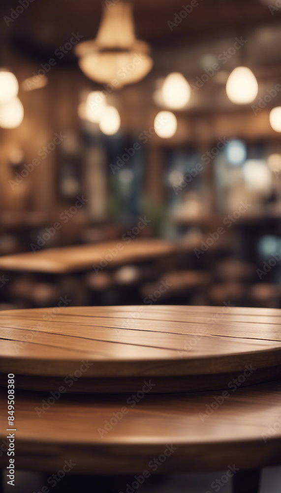 Empty wood table top of round on blur restaurant background product display montage Empty wood table top of round on blur restaurant background product display montage