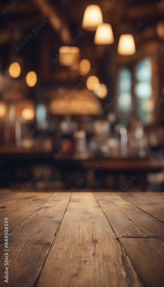 Empty wooden table rustic and blurred background of bar or pub For product display High quality phot Empty wooden table rustic and blurred background of bar or pub For product display High quality phot