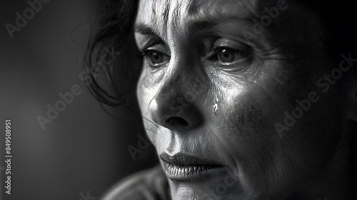 A black and white close-up photograph of a middle-aged woman's face, silently crying in sorrow.