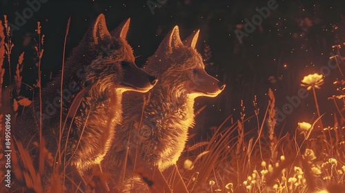 Wolves in Enchanted Forest with Fire Glow