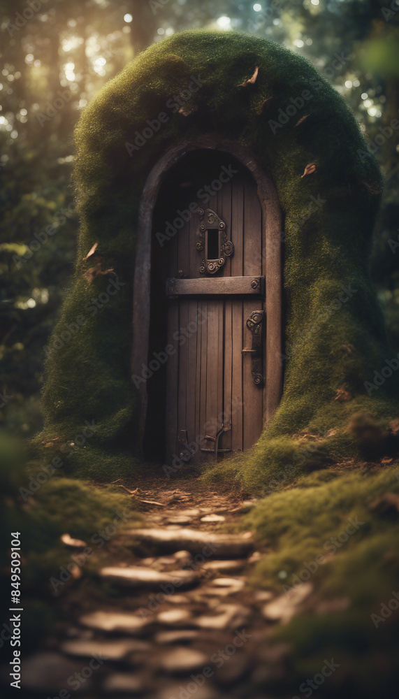 Fantasy enchanted fairy tale forest with magical opening secret door and mystical shine light outsid Fantasy enchanted fairy tale forest with magical opening secret door and mystical shine light outsid