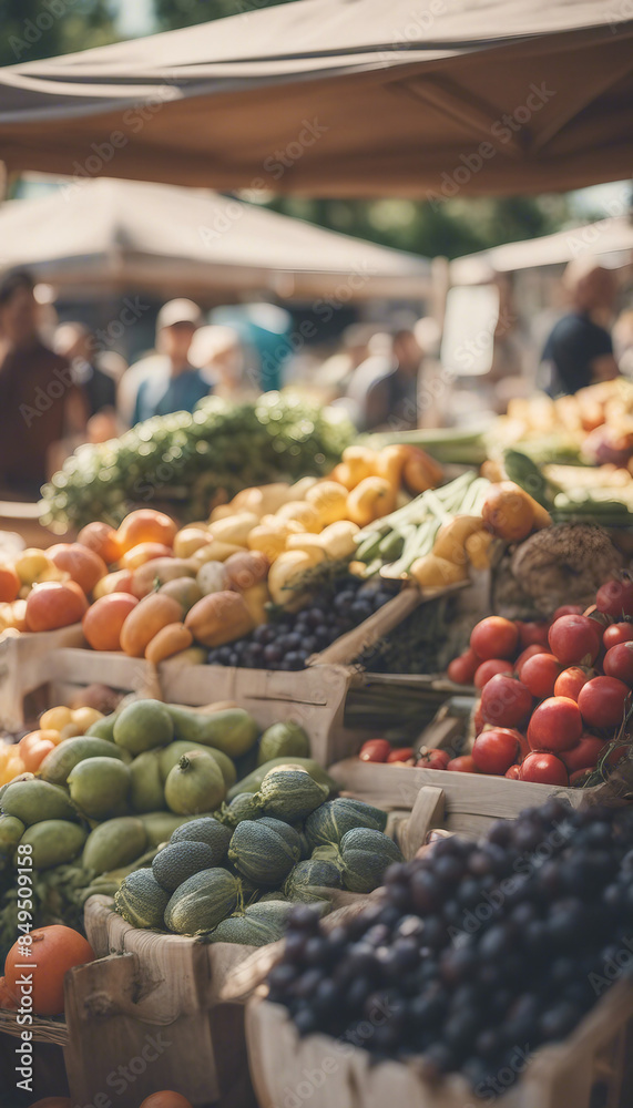 Farmers market stall on a sunny day with fruits and vegetables