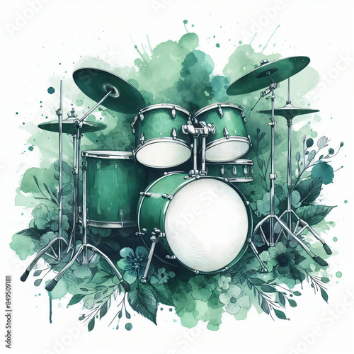 Artistic hand-painted green watercolor background, isolated on a white and transparent background.An illustration of a drum kit isolated on a white background.