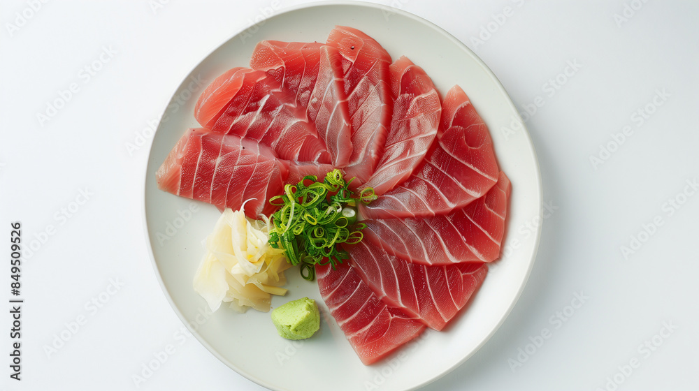 Thin Slices of Sashimi-Grade Tuna Fanned Out on White Plate Thin Slices of Sashimi-Grade Tuna Fanned Out on White Plate