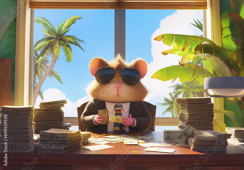 Hamster boss in the chair with coins and money. Concept of a banner for earning money on cryptocurrency