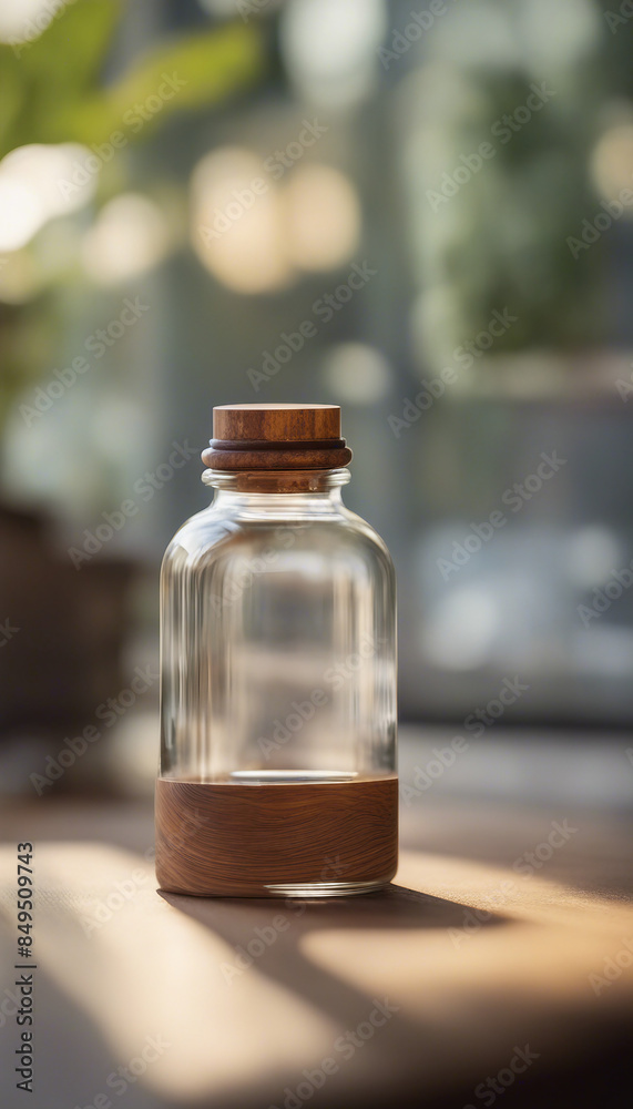 Blank Glass Bottle With Wooden Lid Mock Up