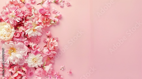 Wallpaper Mural a beautiful floral frame composed of delicate pink and white roses, peonies, and dahlia flowers, set against a soft pastel background, offering ample copy space for text. Torontodigital.ca