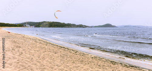 Lista sandy beach and kitesurfer , Farsund, Norway