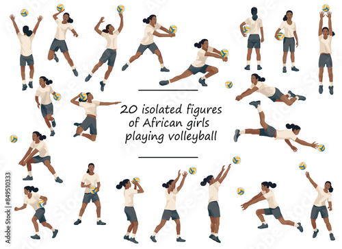 Girl figures of African women's volleyball team players in white T-shirts in various poses training, running, jumping, throwing, hitting the ball