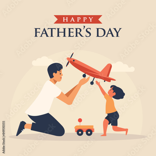 Father's day vector illustration of a father and child playing with a toy airplane