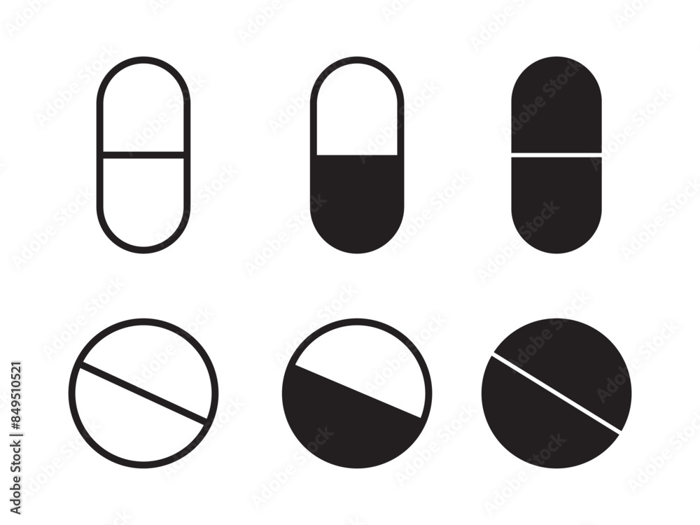 Pills icon vector set. Simple pills icons Medicament and pharmaceutical symbol. Black Filled and Outlined Style. Medical health care tablet Sign. Pills icon vector set. Simple pills icons Medicament and pharmaceutical symbol. Black Filled and Outlined Style. Medical health care tablet Sign.