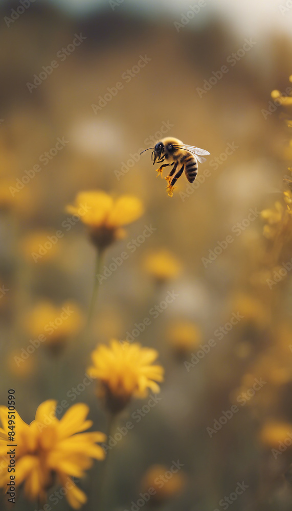 Honey bee on a yellow flower collects pollen wild nature landscape Honey bee on a yellow flower collects pollen wild nature landscape