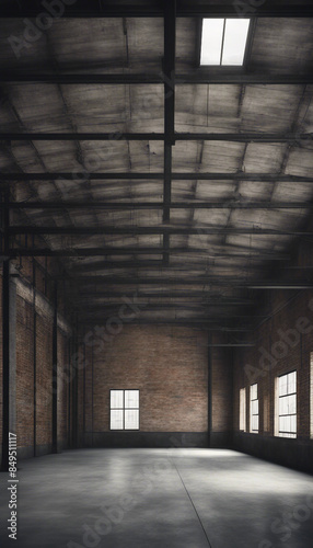 Industrial loft style empty old warehouse interior brick wall concrete floor and black steel roof