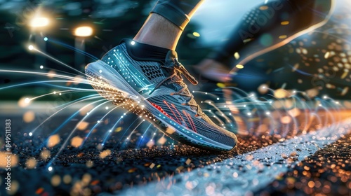 a futuristic depiction of an athlete's shoe on the starting line, surrounded by dynamic digital lines and waves symbolizing speed and energy.