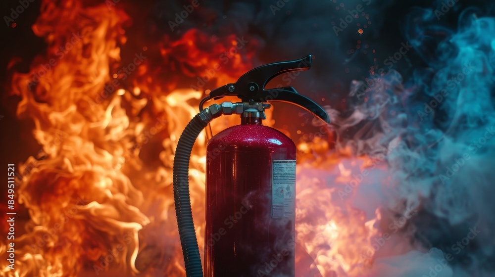 Obraz premium A fire extinguisher stands boldly against a backdrop of dramatic flames, representing safety and security measures