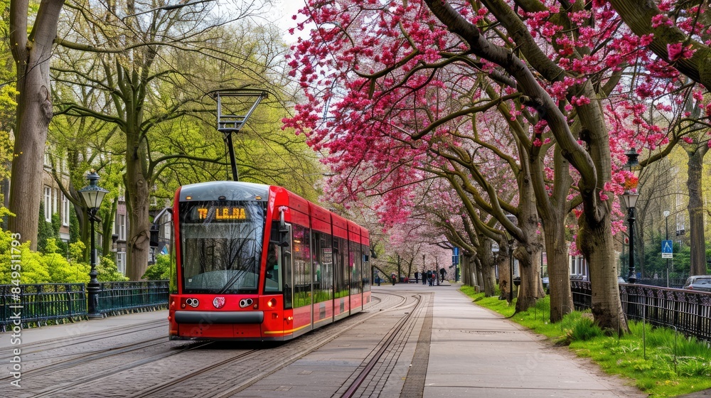 Obraz premium a modern electric city tram gliding along an asphalt road in a park, surrounded by lush green trees adorned with leaves of varying colors, evoking the vibrant beauty of summer.
