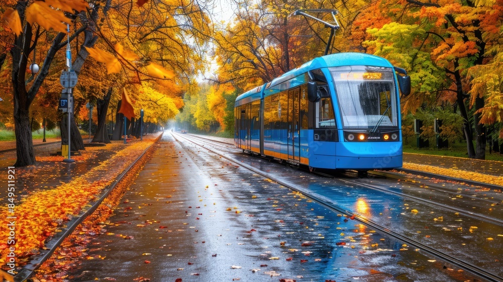Obraz premium a modern electric city tram gliding along an asphalt road in a park, surrounded by lush green trees adorned with leaves of varying colors, evoking the vibrant beauty of summer.