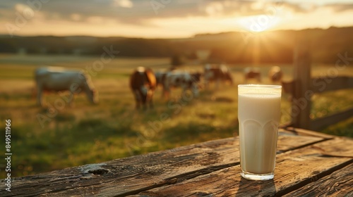 Artistic capture of a milk glass on a wooden table, serene farm meadow with grazing cows in the backdrop, warm, natural lighting photo