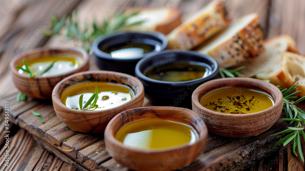Set of Small Dipping Bowls Filled with Virgin Olive Oil Set of Small Dipping Bowls Filled with Virgin Olive Oil