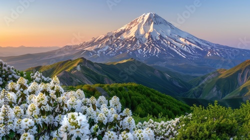 a mountain landscape as the sun sets behind Mount, adorned with white rhododendron flowers and lush green grass on its slopes, with a majestic volcano in the distance.