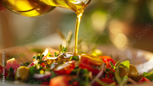 Close-Up of Virgin Olive Oil Being Poured Over Fresh Salad