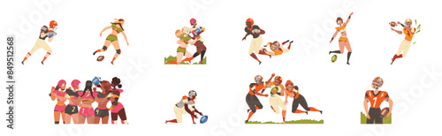 Man and Woman Rugby Player Playing American Football Game Running with Oval Ball Vector Set