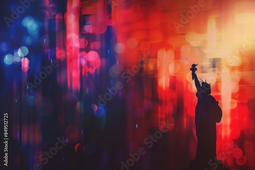 4th of July, USA National Day background with blurred red, white and blue color stripes, fireworks in the sky and a statue of liberty silhouette on the right side, blurred Generative AI