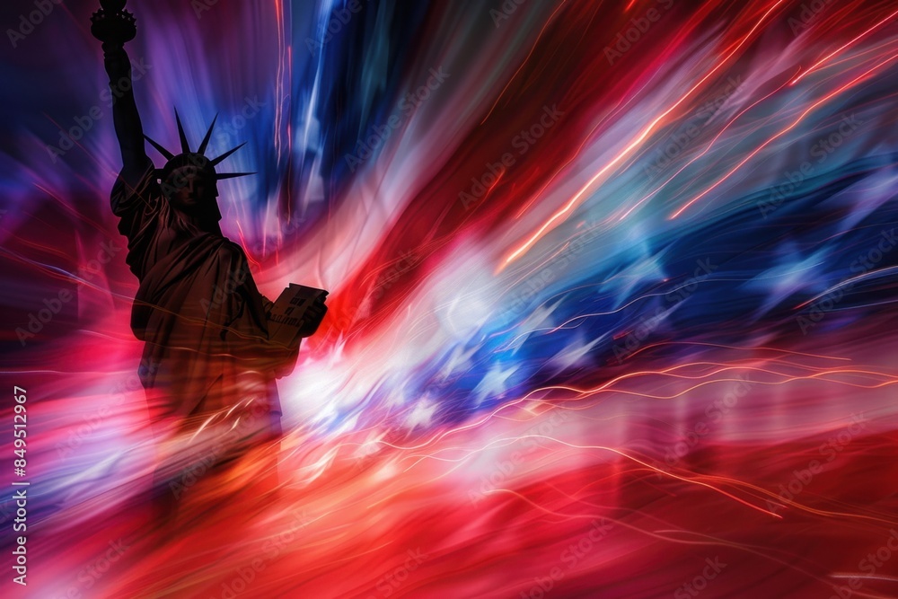 A dynamic and festive background for the Fourth of July with blurred fireworks, an American flag waving in motion, and a silhouette of The Statue of Liberty Generative AI A dynamic and festive background for the Fourth of July with blurred fireworks, an American flag waving in motion, and a silhouette of The Statue of Liberty Generative AI