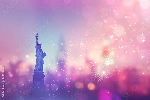 A blurred background of the Statue of Liberty with fireworks and stars, blurred red white blue american flag background Generative AI