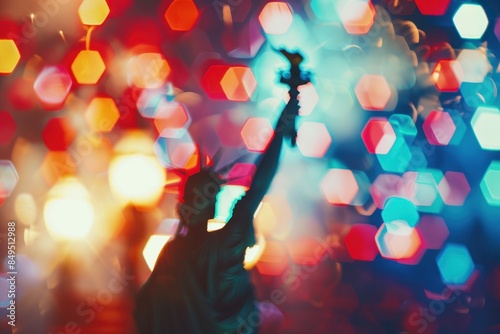 4th of July fireworks with a blurred statue of liberty silhouette in the background, a USA flag and red white and blue colors, an American national holiday concept banner Generative AI