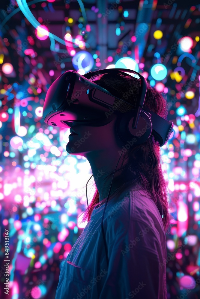A young woman wearing a VR headset with glowing,colourful blur bokeh background A young woman wearing a VR headset with glowing,colourful blur bokeh background