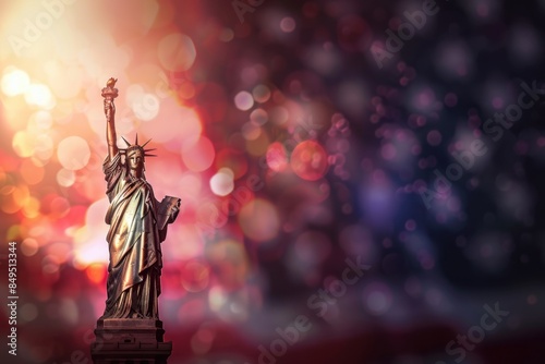 blurred background of american flag with fireworks and statue of liberty, festive concept for USA national holiday Generative AI