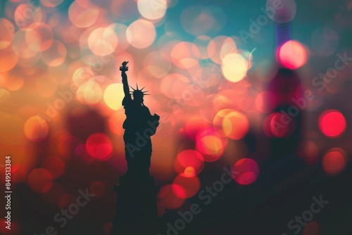 A blurred background of the American flag with fireworks and an out of focus silhouette of The Statue of Liberty Generative AI