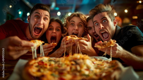 Group of people making funny faces while trying foods