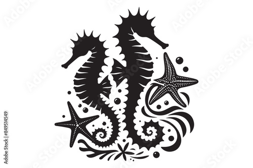 Seahorses and starfish silhouette Vector Illustration 