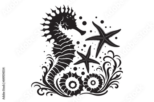 Seahorses and starfish silhouette Vector Illustration 