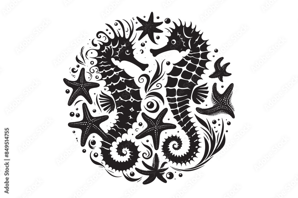 Fototapeta premium Seahorses and starfish silhouette Vector Illustration 