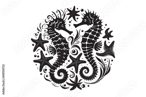 Seahorses and starfish silhouette Vector Illustration 