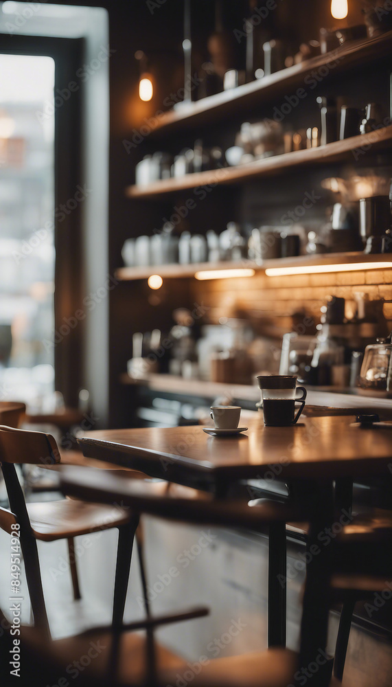 This stunning coffee shop photograph featuring a cozy shelf and table setup perfect for a cafe This stunning coffee shop photograph featuring a cozy shelf and table setup perfect for a cafe