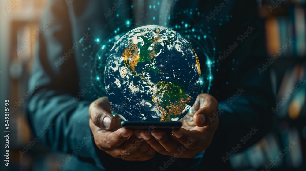 Fototapeta premium Person holding tablet with globe