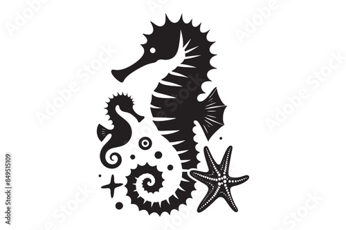 Seahorses and starfish silhouette Vector Illustration 