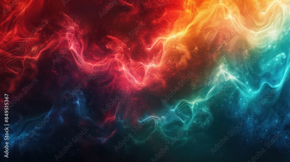 A grainy gradient backdrop in dark shades of red, blue, and green, with abstract wave patterns and glowing color effects. 